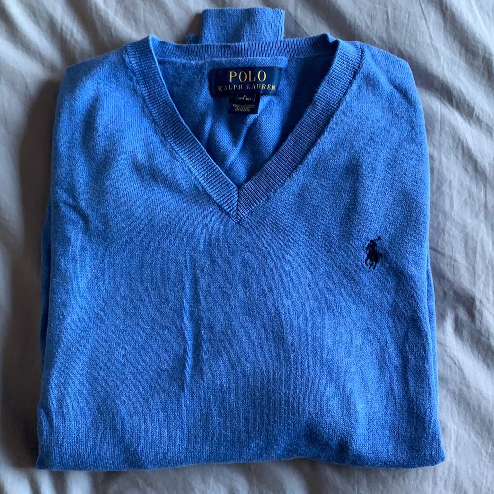 POLO by Ralph Lauren Boys Cotton V-Neck Sweater w/elbow patches, Size L, Blue